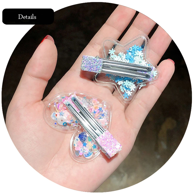 Cute Children Hair Clips Transparent Shiny Sequins Hairpins Stars Heart Geometric Barrettes Hairgrips Girls Princess Headwear