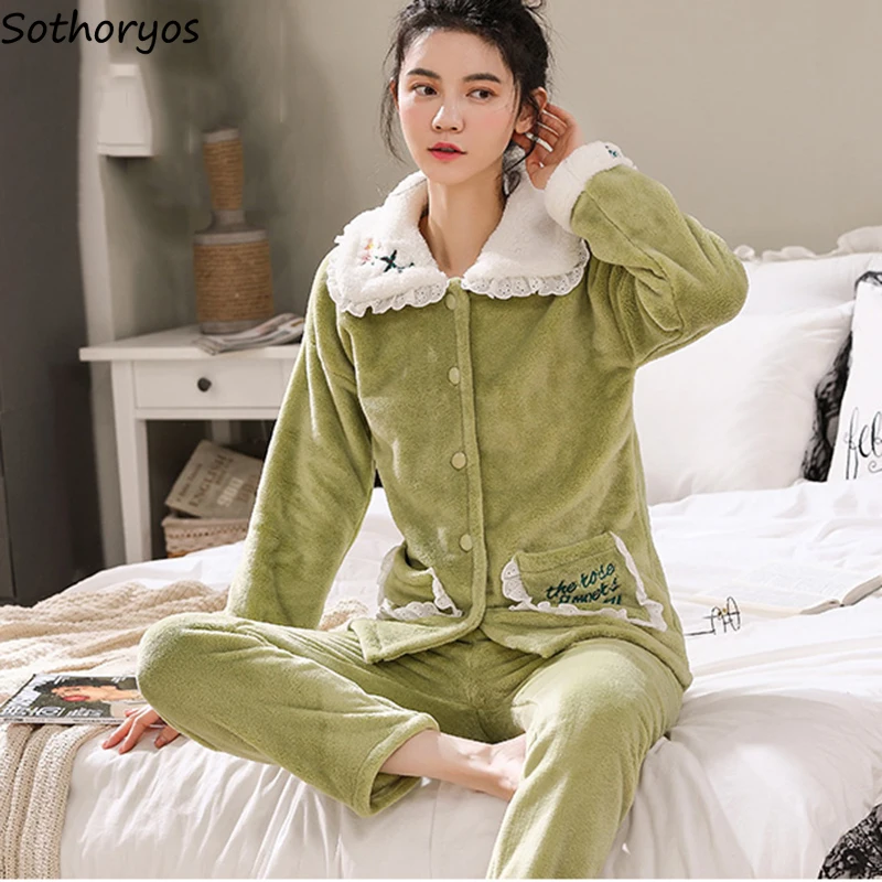 

Sweet Embroidery Pajama Sets Women Flannel Winter Plus Velvet Thicker Nightwear Teen Girls Cute Long Trousers Sleepwear Lounge