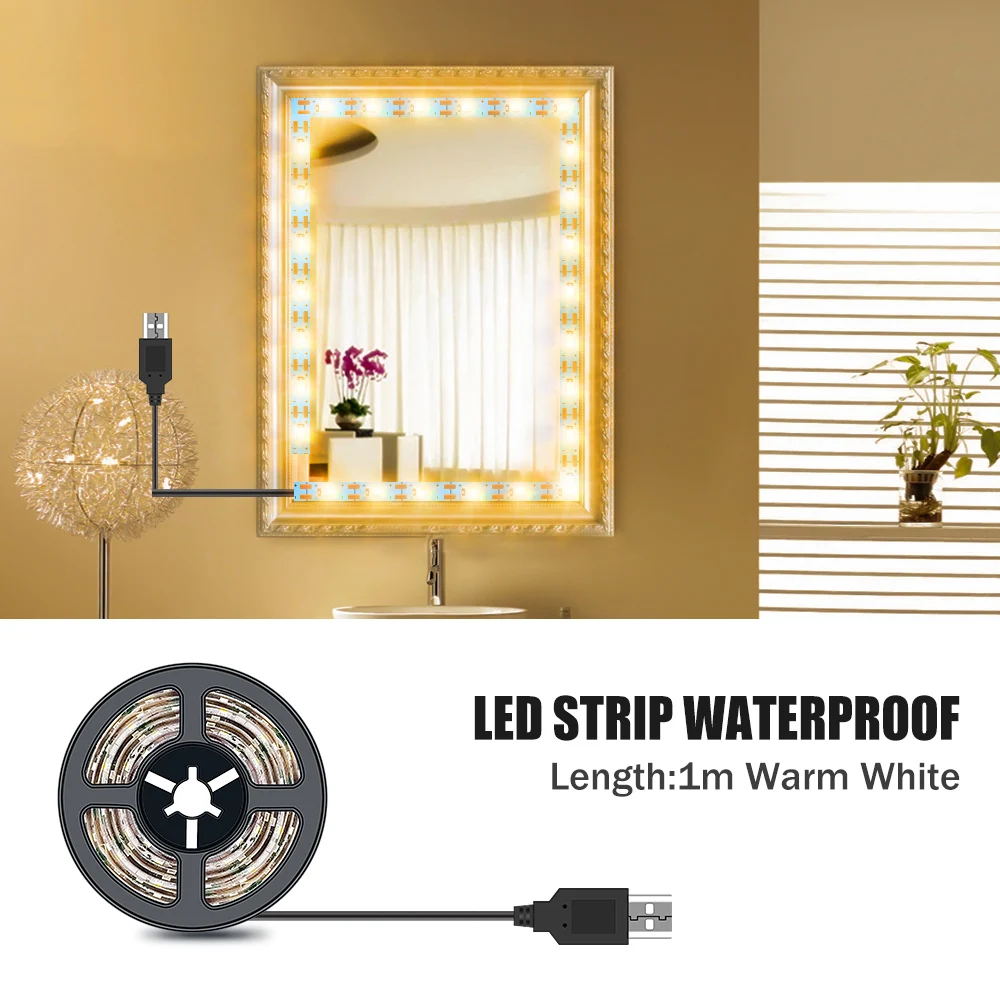 Водонепроницаемый зеркальный светильник для ванной с подсветкой, светодиодная лампа, лента для макияжа, зеркало USB 5В, светодиодный туалетный столик, Косметическая лампа, 0,5 м-5 м - Испускаемый цвет: 1M Warm White