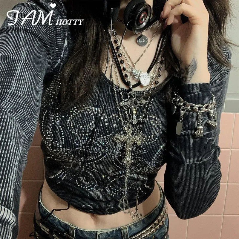 IAMHOTTY Стразы графический принт Женская одежда Y2K гранж Топы с длинным рукавом