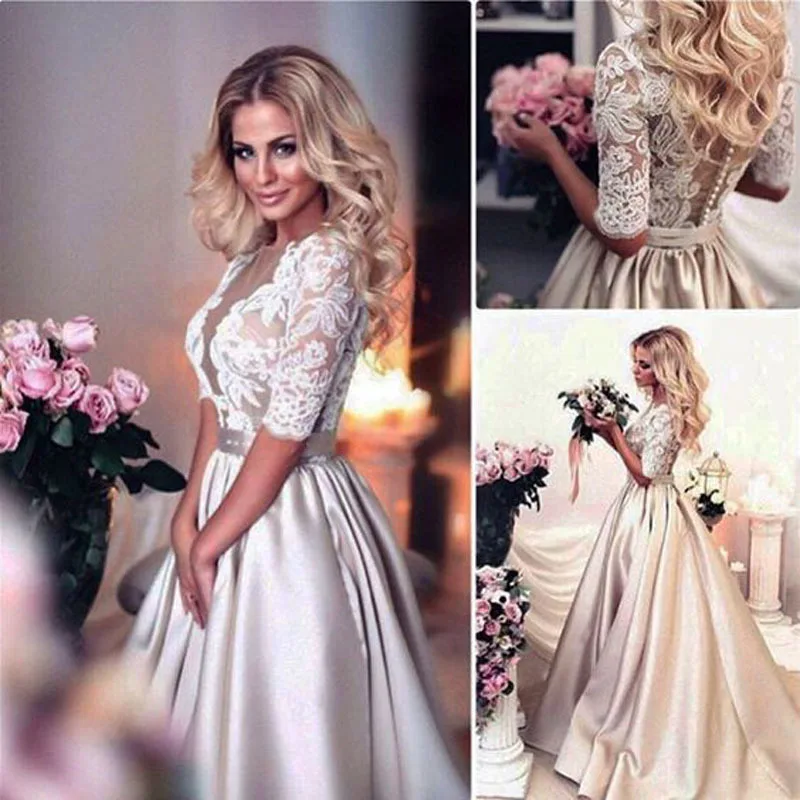 BacklakeGirls A-Line Half-Sleeves Illusion Lace Puff Appliques Elegant Wedding Dress Button Back Court Train