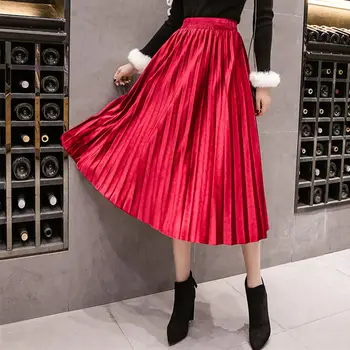 

Maxi Long Pleated Skirt women Korean Style High Waist Gold Velvet Skirt Women Jupe Femme Plus Size 3XL Party Skirts Womens C6167