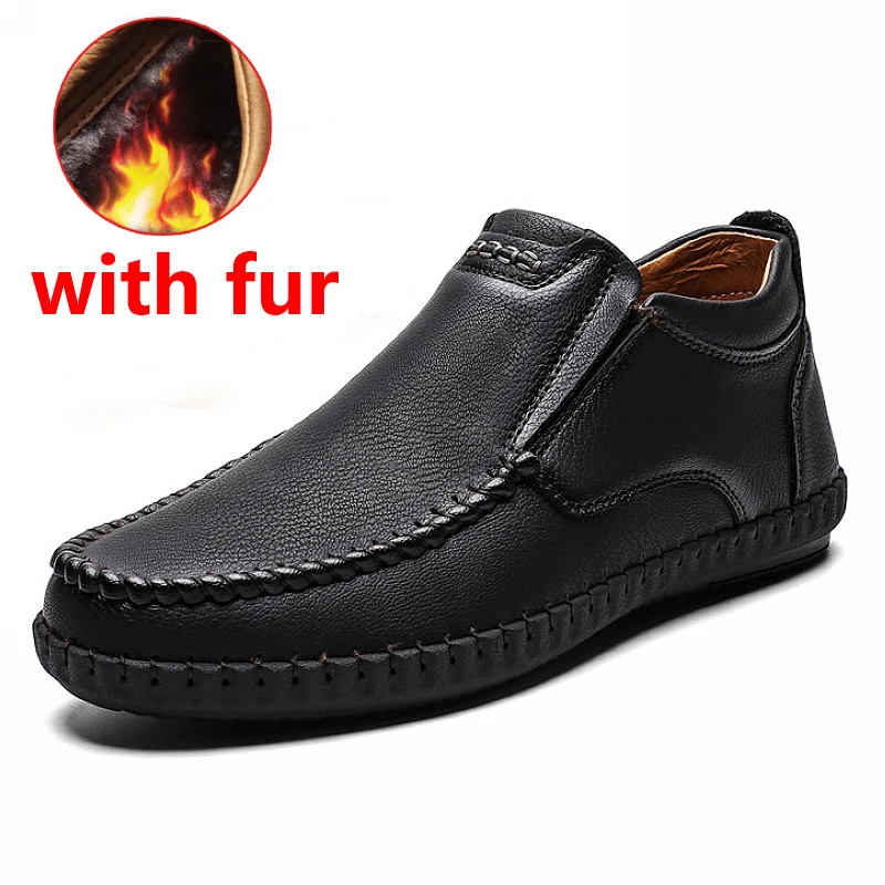 Black Fur Модные рабочие ботинки мужская обувь из натуральной кожи повседневные кожаные ботинки для мужчин теплые зимние ботинки обувь для вождения Осенняя обувь Большие размеры 38-46 - Цвет: Black Fur