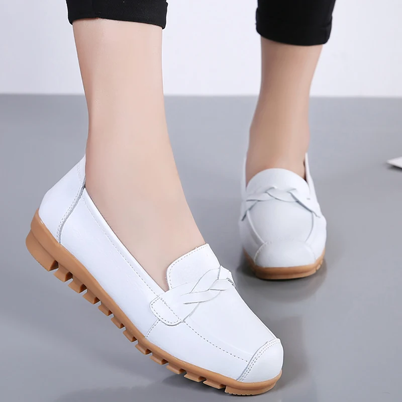 

White Nurse Shoes Women Shallow Comfortable Genuine Leather Shoes Woman Sewing Shallow Flat Shoes Women Loafers