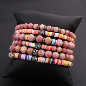 New Fashion Unique design Women Bracelet natural stone CZ Pave ball bohemia style women stretch bracelet set