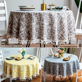 

Elegant Dustproof Cotton Linen Round Tablecloth For Kitchen Table Decor With Tassel Indoor Outdoor Hotel Party Dining Room