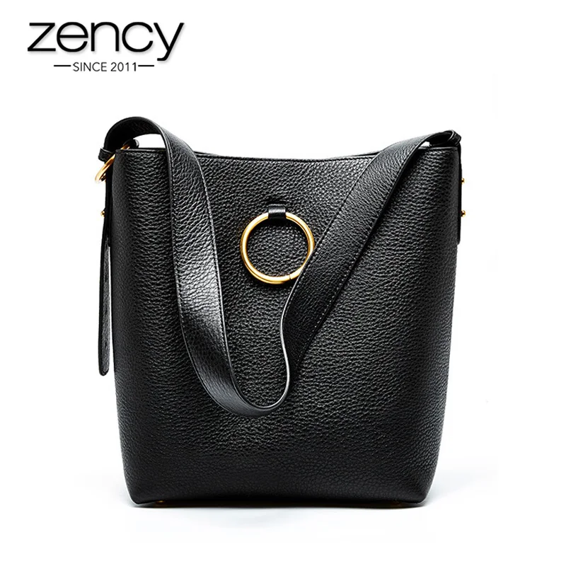 

Zency New Design Bucket Bag 100% Genuine Leather Fashion Women Shoulder Bag Large Capacity Daily Casual Shopping Bag Black Tote