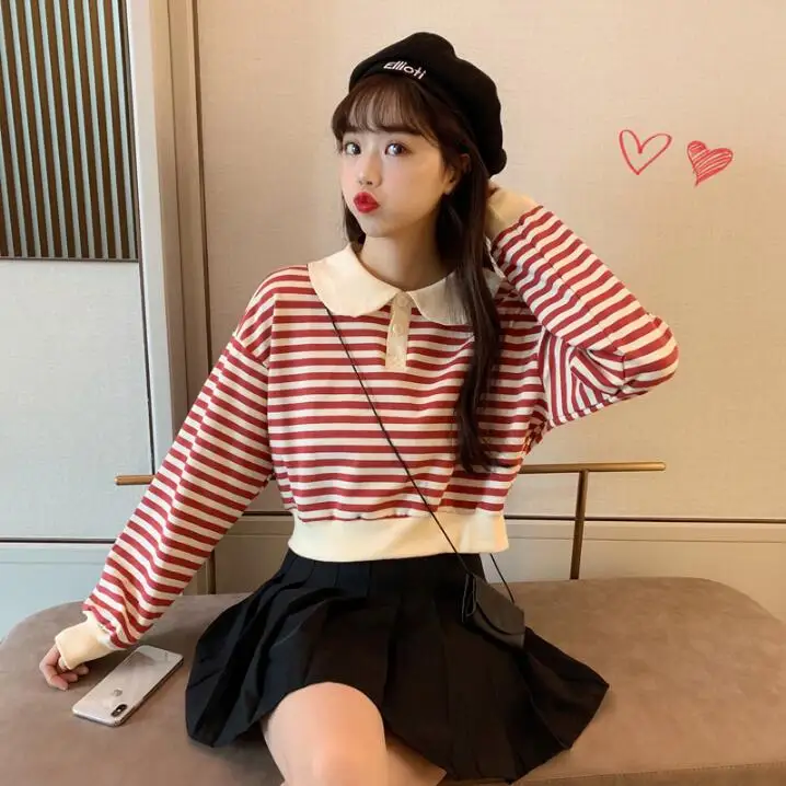Красный Женские толстовки в Корейском стиле Ins Chic Ulzzang, свободная полосатая Толстовка в духе колледжа, Женский винтажный милый Свитшот Kawaii для женщин - Цвет: Красный