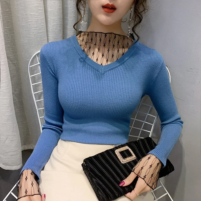 

Sweater Women's Slim Fit Spring 2020 New Style Online Celebrity Lace Heap Collar High Collar Knitted Underwear Tops Base Shirt
