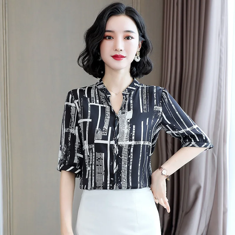 

Korean Fashion Silk Women Blouses Summer Striped Office Lady Shirt and Blouse Satin Plus Size Womens Tops and Blouses