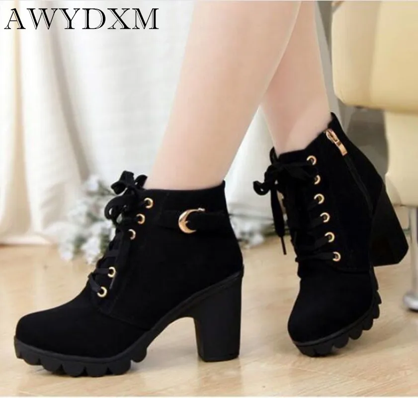 

women shoes 2019 winter Plush warm zip Cross strap Martin boots woman Round head High heels causal pumps female ankle boots w162