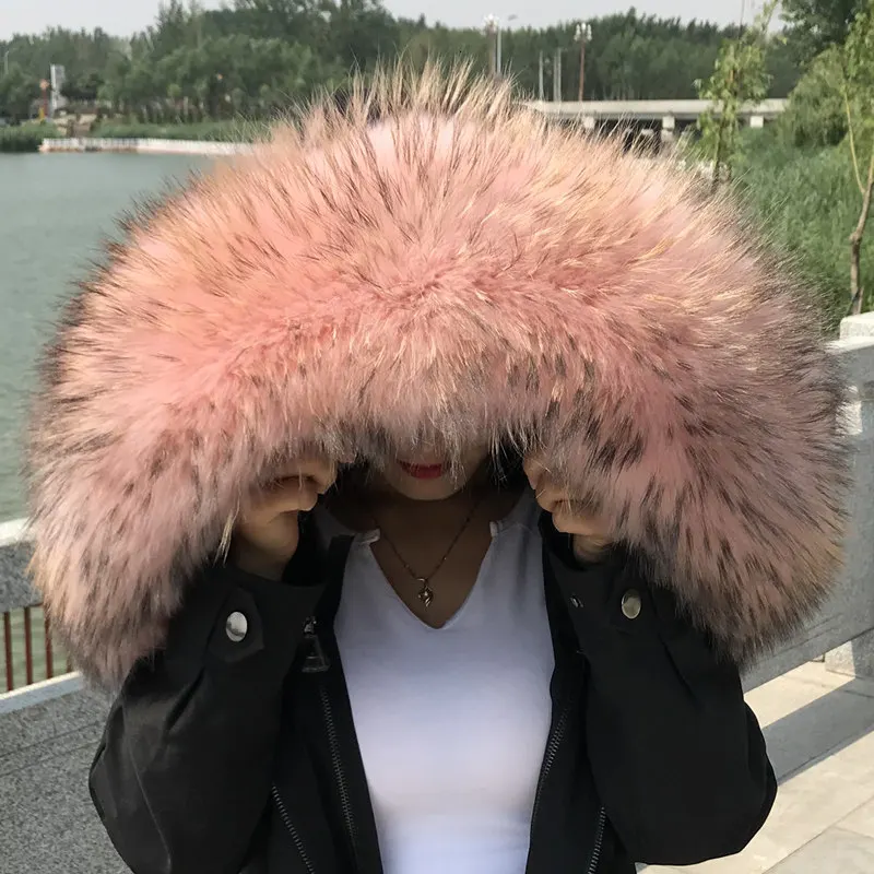 Pink Натуральный мех Новинка Зима Енот натуральный мех воротник женские шарфы модное пальто женский свитер Шарфы Воротник роскошный шейный шарф - Цвет: Pink