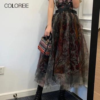 

COLOREE 2020 Runway Designer Women Long Skirt Spring Summer Boho Chic Totem Print High Waist Skirt For Female New Saia Faldas