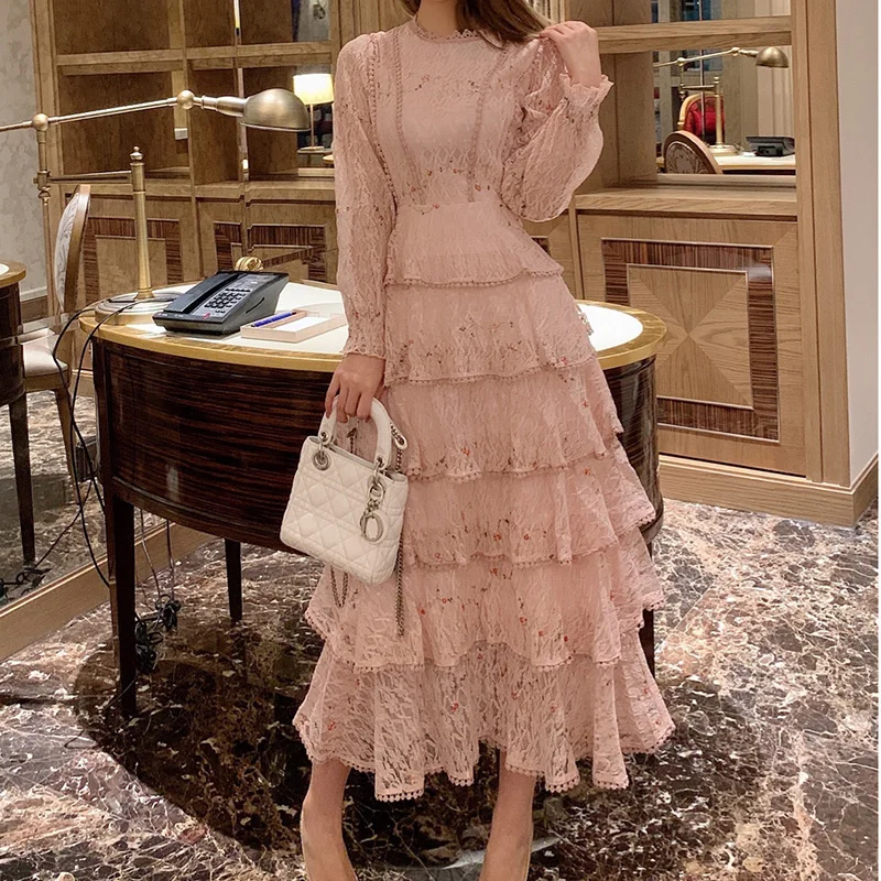 Pink Lace Embroidery Maxi Dress Female spring Winter Full sleeve high waist Ruffle elegant Long party dresses Woman 2020 Pink Lace Embroidery Maxi Dress Female spring Winter Full sleeve high waist Ruffle elegant Long party dresses Woman 2020