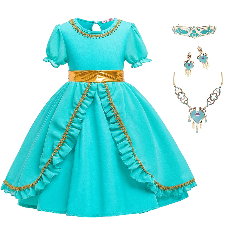 Для маленьких девочек принцесса платье цвета Жасмин; маскарадный костюм для детей Косплэй Аладдин вечерние многослойное платье зеленое платье для хеллоуина и Рождества