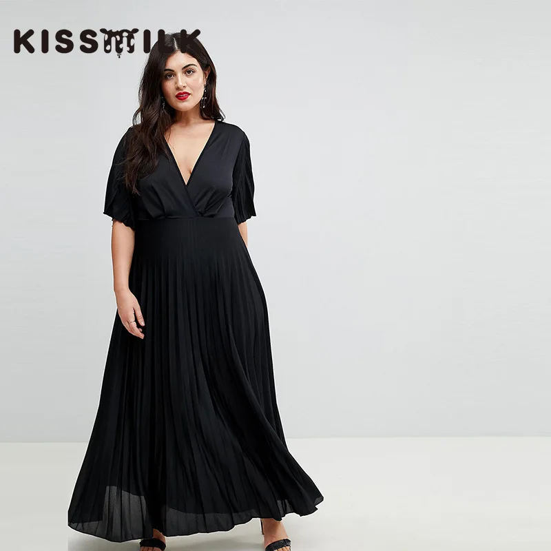 

Kisilk Deep V-neck Front in Cross Joint Pleated Elegant Waist Hugging Elegant Ladies' Half-sleeve Shirt Long Dress