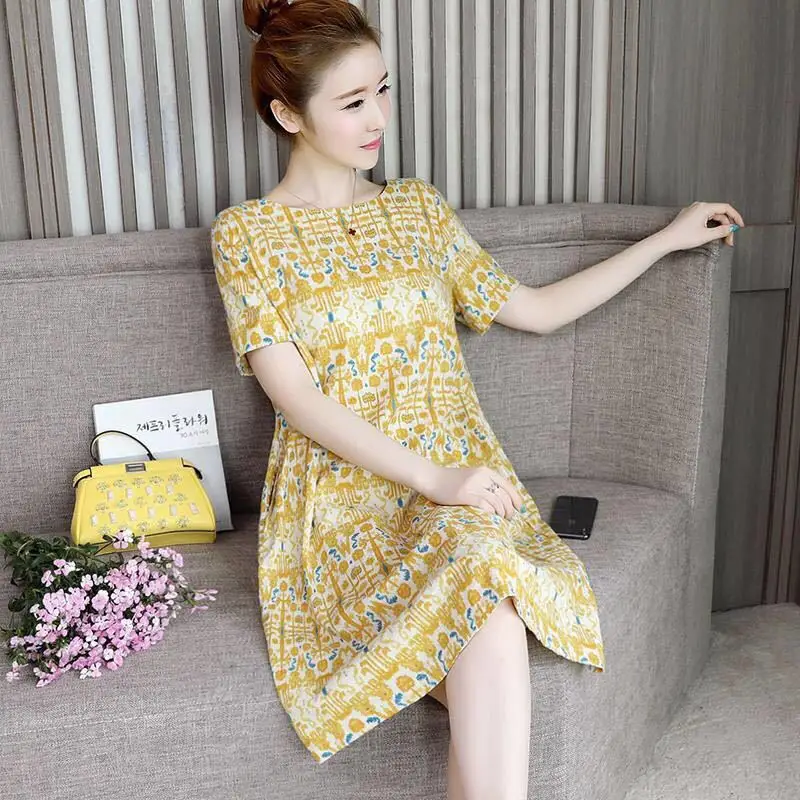 

Short Sleeve Women's Printed A- line Skirt Sub-Mid-length 2019 Summer Large Size Loose-Fit Slimming Dress Explosion