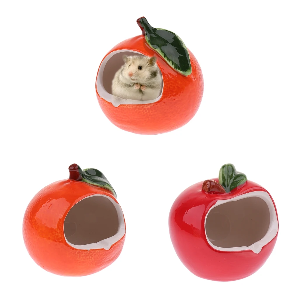 Ceramic Cartoon Apple/Orange Shape Hamster House Summer Cooling Small Animal Pet Nesting Habitat Cage Accessories