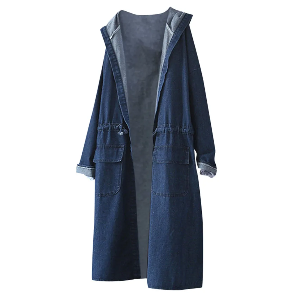 Dark Blue Womail женская джинсовая куртка с капюшоном на осень и зиму, повседневное длинное джинсовое пальто с длинным рукавом, однотонная хлопковая куртка, верхняя одежда, Женское пальто - Цвет: Dark Blue