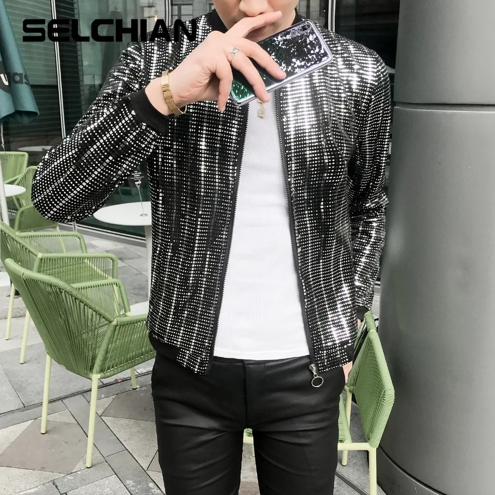 Men's Jackets Glitter Sequins Punk Style Summer Thin Outerwear Coat Male Stage Nightclub Dancing Slim Fit Fashion Jacket for Men | Мужская