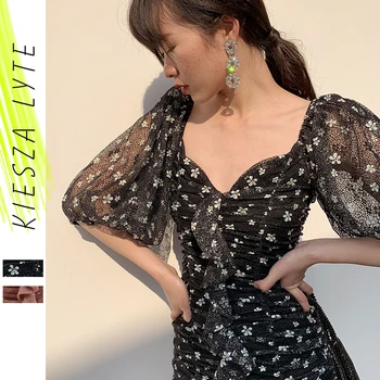 

Women Annual Party Mini Dress New Arrival 2020 Rruffled Bubble Sleeves Floral Shiny Sequins Debutante Banquet Evening Dresses