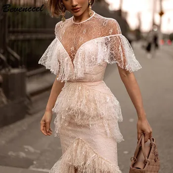 

Bevenccel 2020 New Arrival High Quality Women Lace Dress Sexy Short Sleeve Ruffles Maxi Dress Vestidos Summer Long Party Dress