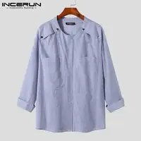 INCERUN Men Striped Shirt Autumn Long Sleeve Streetwear Pockets Korean Casual Men Clothing 2021 Cotton Loose Leisure Camisas 5XL