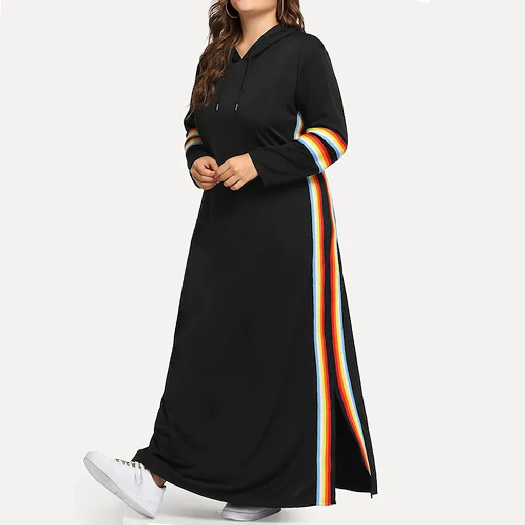

Long Sweatshirt Dress Hoodies Women Plus Size Dress Long Pullovers Harajuku Rainbow Strip Print Long Sleeve Casual Tops Sudadera