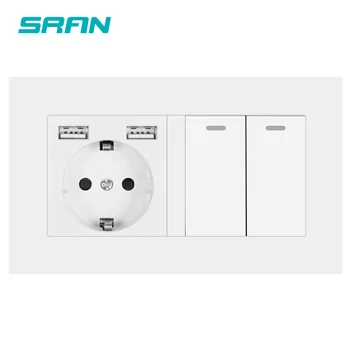 

SRAN EU socket with rocker switch，220v 16A wall power socket with usb 146*86 pc panel with light switch 2gang 1/2/3way