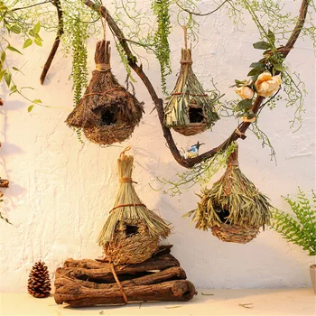 

Bird Cages Accessories for Parrots Nest Handmade Weave Straw Bird House Indoor Outdoor Hanging Aviary Hammock Grass Birdhouse