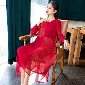 

Festive red large size Pleated Dress 2020 spring new women's mid length loose A-line dress vestido women clothes robe maxi dress