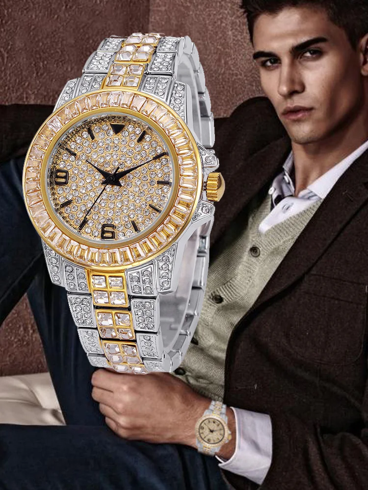 Мужские кварцевые часы 18 К золотого цвета, мужские часы в стиле хип-хоп, часы из нержавеющей стали, часы Reloj Hombre