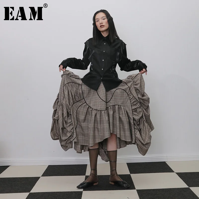 

[EAM] High Elastic Waist Plaid Ruffles Pleated Asymmetrical Half-body Skirt Women Fashion Tide New Spring Autumn 2019 1H272