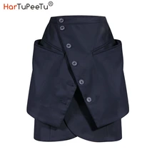 Buttons Mini Skirt Women Summer High Waist Wrap Split Skirts Fake Two Piece Asymmetrical with Pockets Navy Blue for Office Lady