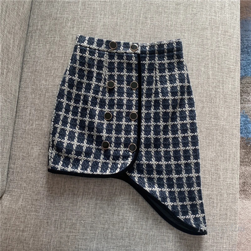 

2020 Winter New Temperament All-Matching Slimming Irregular Plaid Package Hip High Waist Tweed Skirt for Women