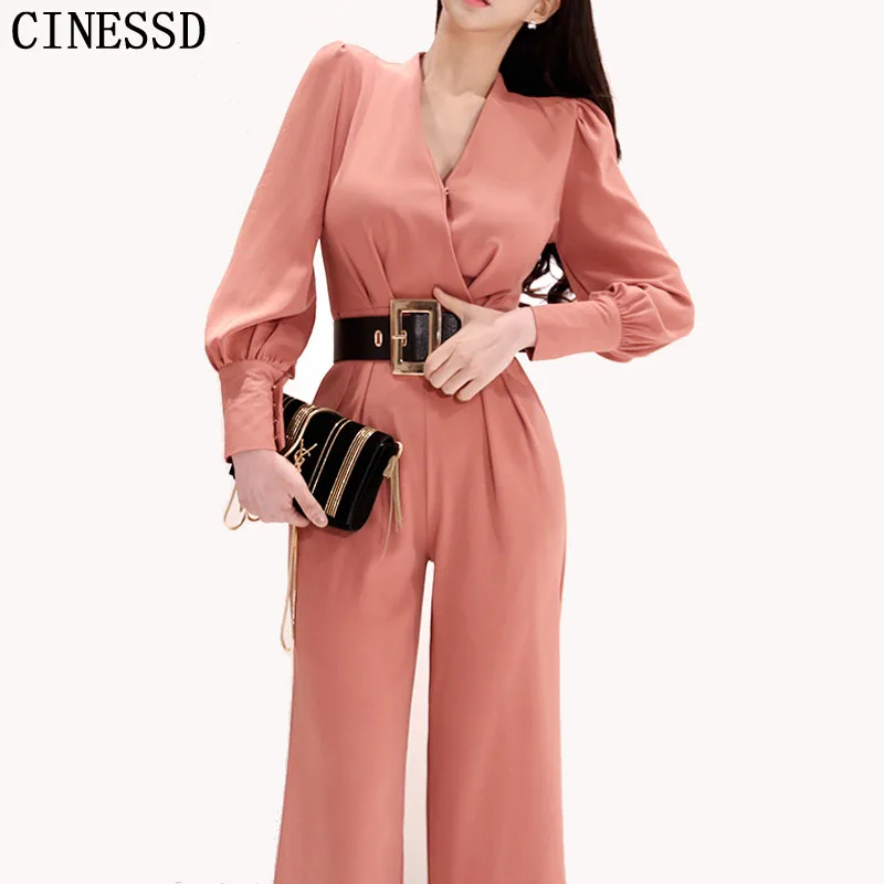 

2019 Summer Female Puls Size Elegant OL temperament Loose maxi Jumpsuit v-neck high waist wide-legged Overalls women jumpsuits