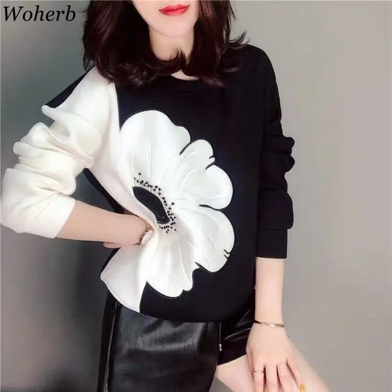  Woherb Korean Fashion New Hoodies Women O Neck Long Sleeve Contrast Color Sweatshirt Casual Loose L