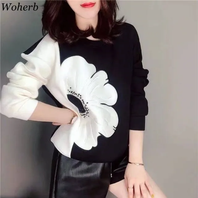 US $10.41 Woherb Korean Fashion New Hoodies Women O Neck Long Sleeve Contrast Color Sweatshirt Casual Loose L