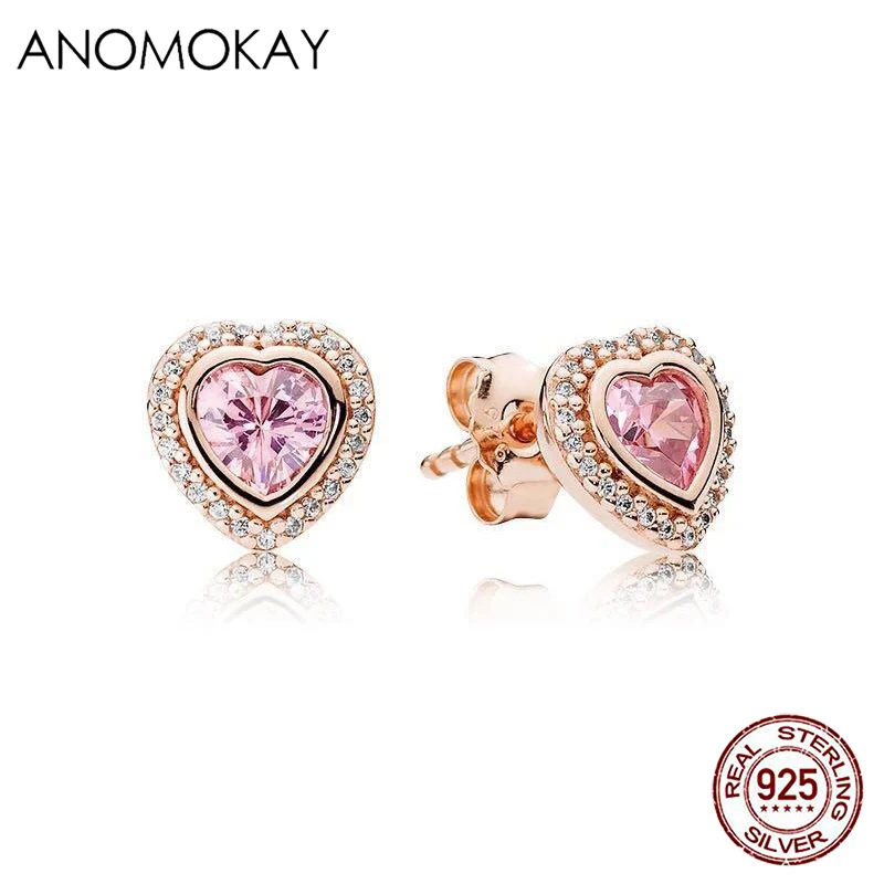 925 Sterling Silver Love Heart Shape Stud Earrings Clear Cubic Zirconia Earrings Fashion Anniversary Rose Gold Jewelry Gift