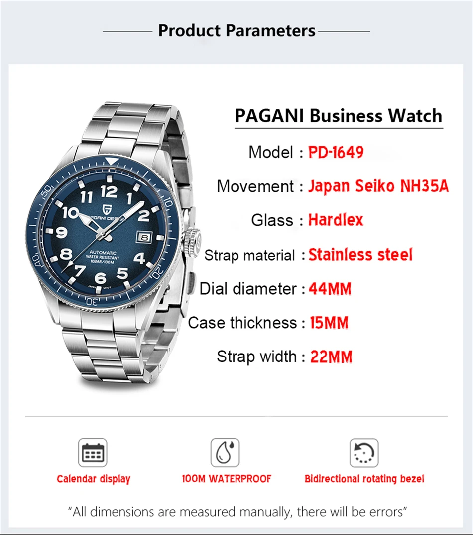PAGANI DESIGN Luxury Men's Mechanical Wristwatch Top Brand NH35A Movement Blue Automatic 100M Waterproof Watch Relogio Masculino