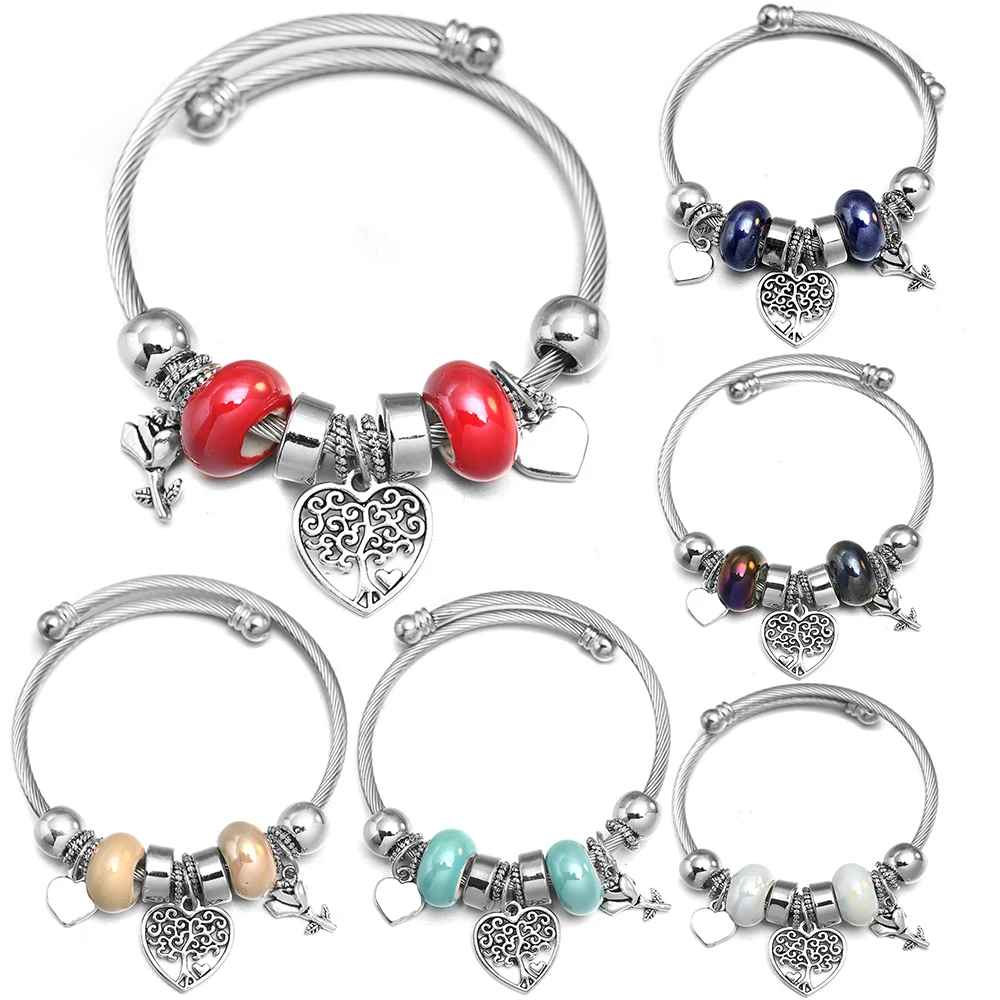 Beaded Bracelet 6 Colors Beading Bracelet Heart-Shaped Tree of Life Bracelet Bangles Jewelry For Women Gift