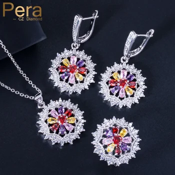 

Pera Beautiful Colorful Cubic Zirconia Large Sun Flower Fashion Women 3 Pcs Necklace Earrings Ring Engagement Jewerly Set J164