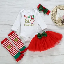 Лидер продаж, рождественские наряды для малышей комплект одежды для девочек с надписью «My First christmas», милый боди+ многослойная юбка+ наколенники, одежда для маленьких девочек, D40