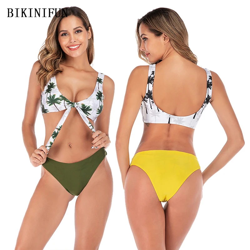 

New Sexy Coconut Tree Print Bikini Women Swimsuit Bow Knot Bathing Suit S-L Girl Backless Padded Swimwear Micro Bikini Set