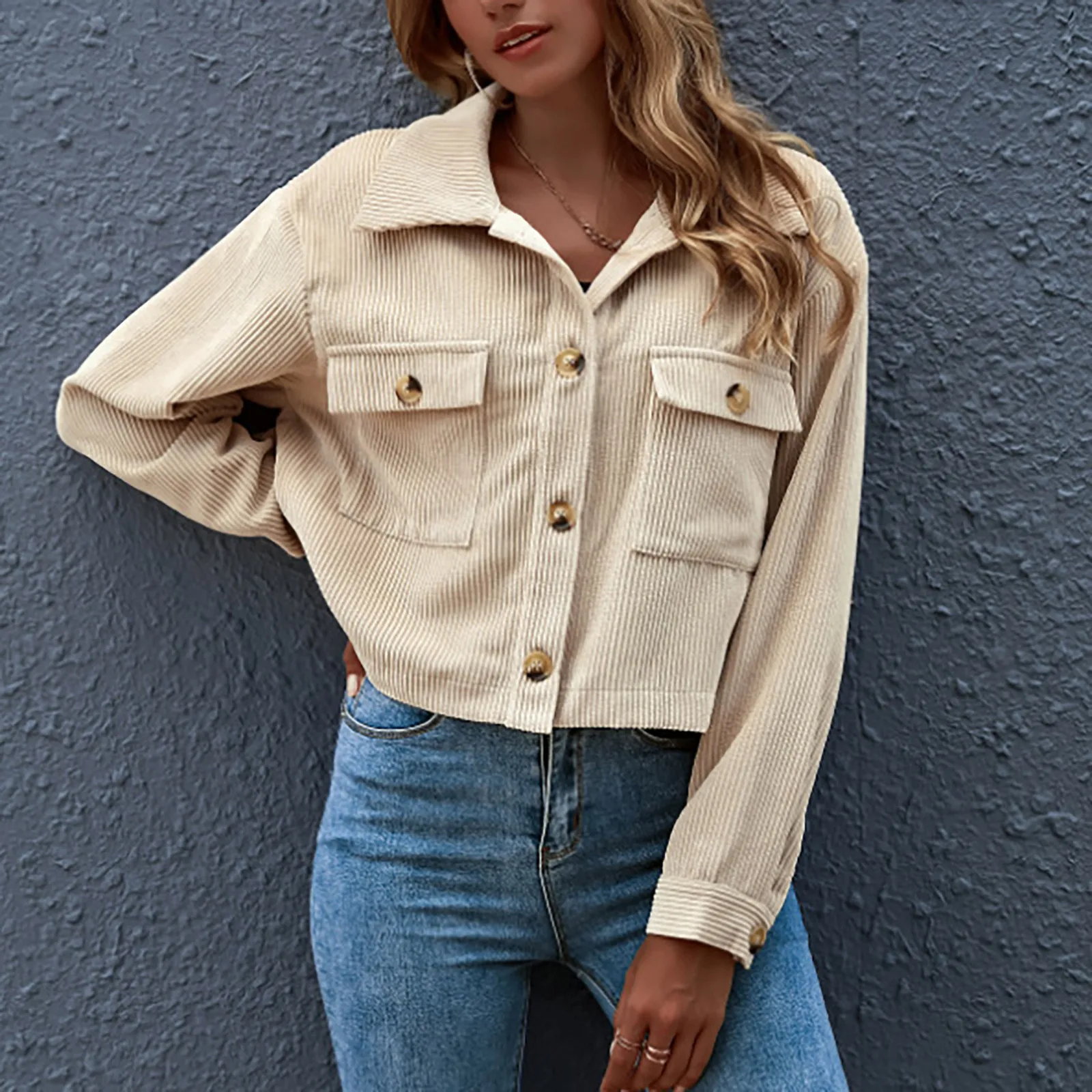 Women's Jackets Turn Down Collar Plus Size Female Outerwear  Fashion Casual Corduroy Button Prokets Solid Long Sleeve Coat 2