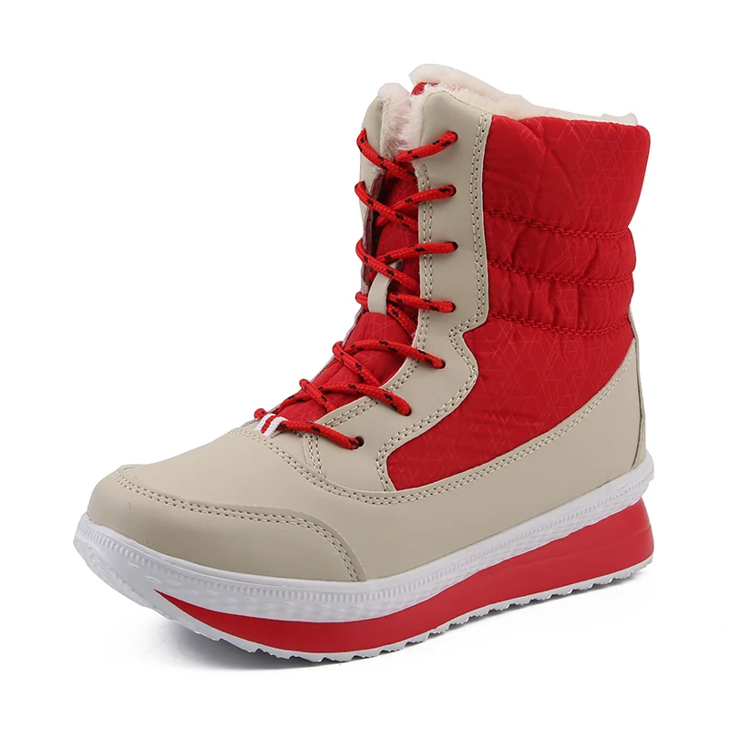Зимние ботинки; женская зимняя обувь; ботинки до середины икры; женские теплые зимние ботинки из водонепроницаемого плюша; botas mujer - Цвет: RedBoots1