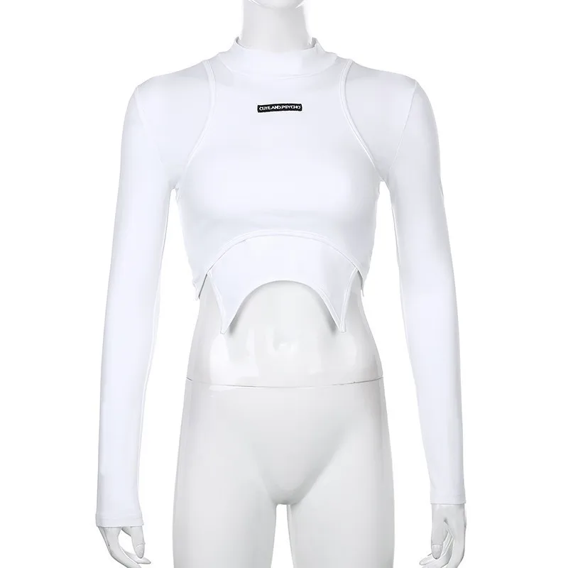 New Women's High-necked Long-sleeved White Short Top High Street Fake Two-piece Slim Sexy T-shirt With Navel Street Wear