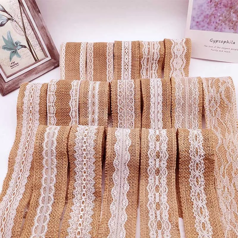 Natural Burlap Ribbon Roll with White Lace DIY Home Decoration Rustic Wedding Favor Decorations | Дом и сад