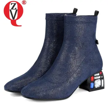 

ZVQ fashion lady crystal shoes Spring autumn blue stretch cloth zipper square toe booties Ruby diamond leather women's boots