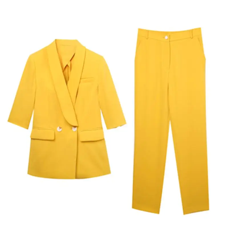 Mode Broek Past Vrouwelijke lente Nieuwe High-end plus size Britse stijl geel casual Business slanke pak + broek twee-delige set Mode Broek Past Vrouwelijke lente Nieuwe High-end plus size Britse stijl geel casual Business slanke pak + broek twee-delige set